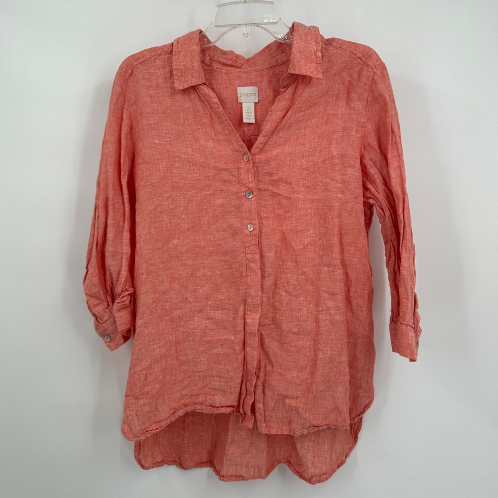 Chicos Womens Old Money Top Size 2 US L‎ Linen Resort Minimalist Coastal Summer